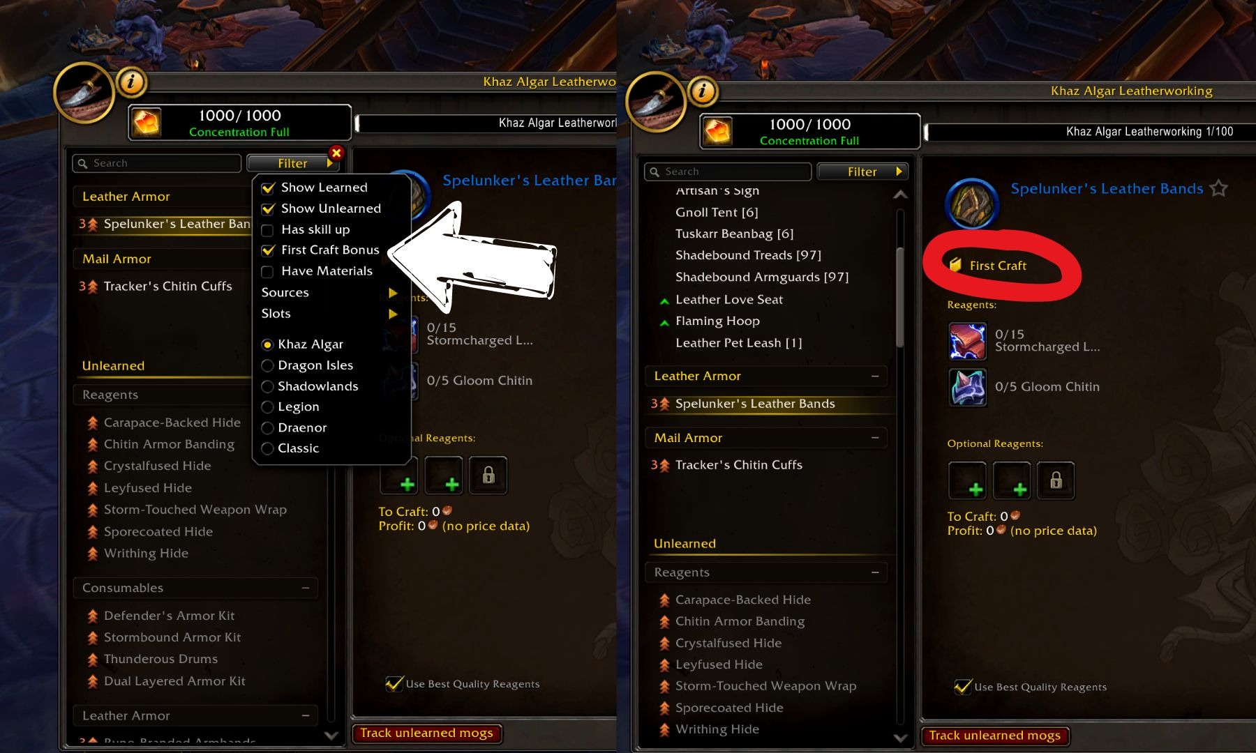 Wow professions first craft filter