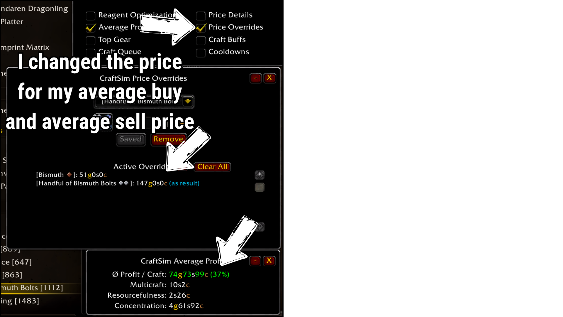 Craftsim price override